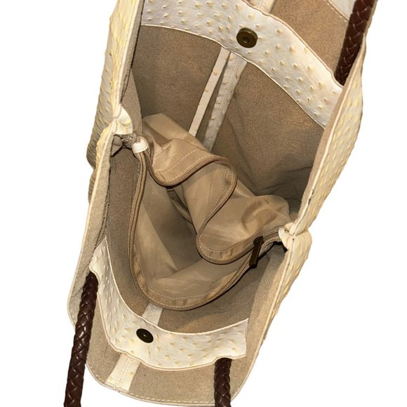 Ostrich Imprint Large off white brown braided handles large pvc tote - Picture 2 of 7